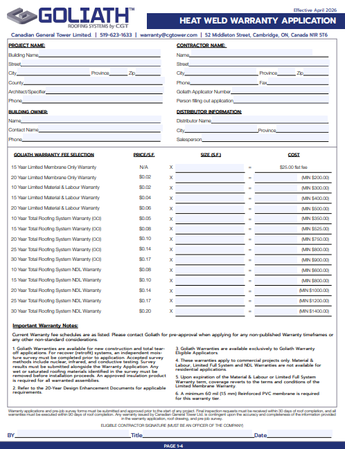Heat Weld Warranty Application Cover Page
